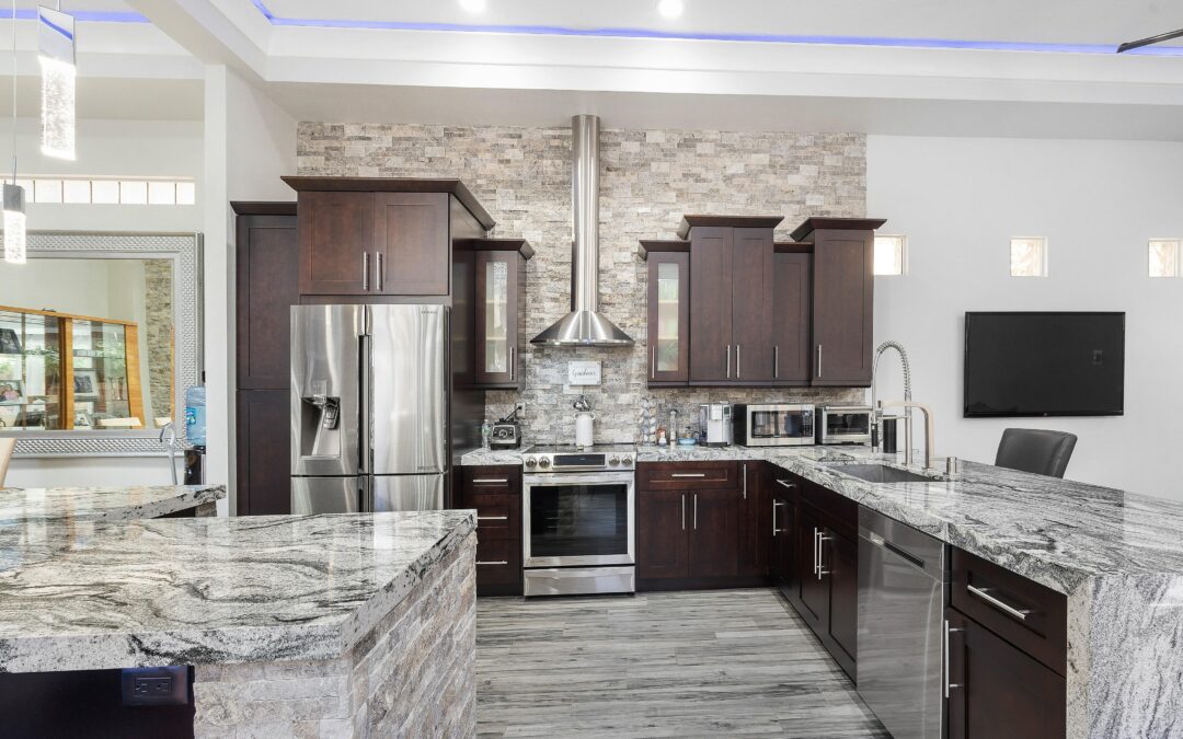large kitchen with quartz and granite countertops
